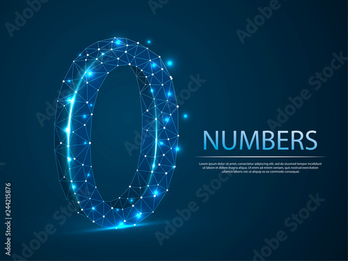 number zero low poly abstract illustration consisting of points, lines, and shapes in the form of planets, stars and the universe. Vector digit 0 wireframe concept.