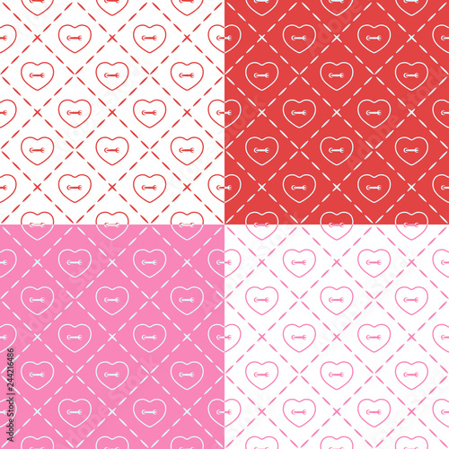 Set of seamless patterns with buttons in the shape of a heart. Vector backgrounds.