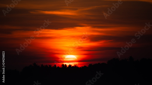 Sunset over jungle, sunrise with clouds. orange, red skies and sun