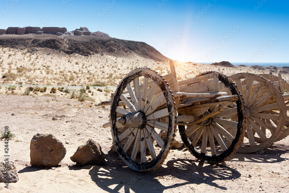 Uzbekistan. An old wooden cart in the Kyzyl Kum Desert, near the fortress Ayaz Kala