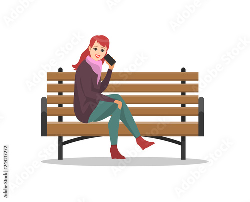 Woman Sitting on Bench Talking on Phone Vector