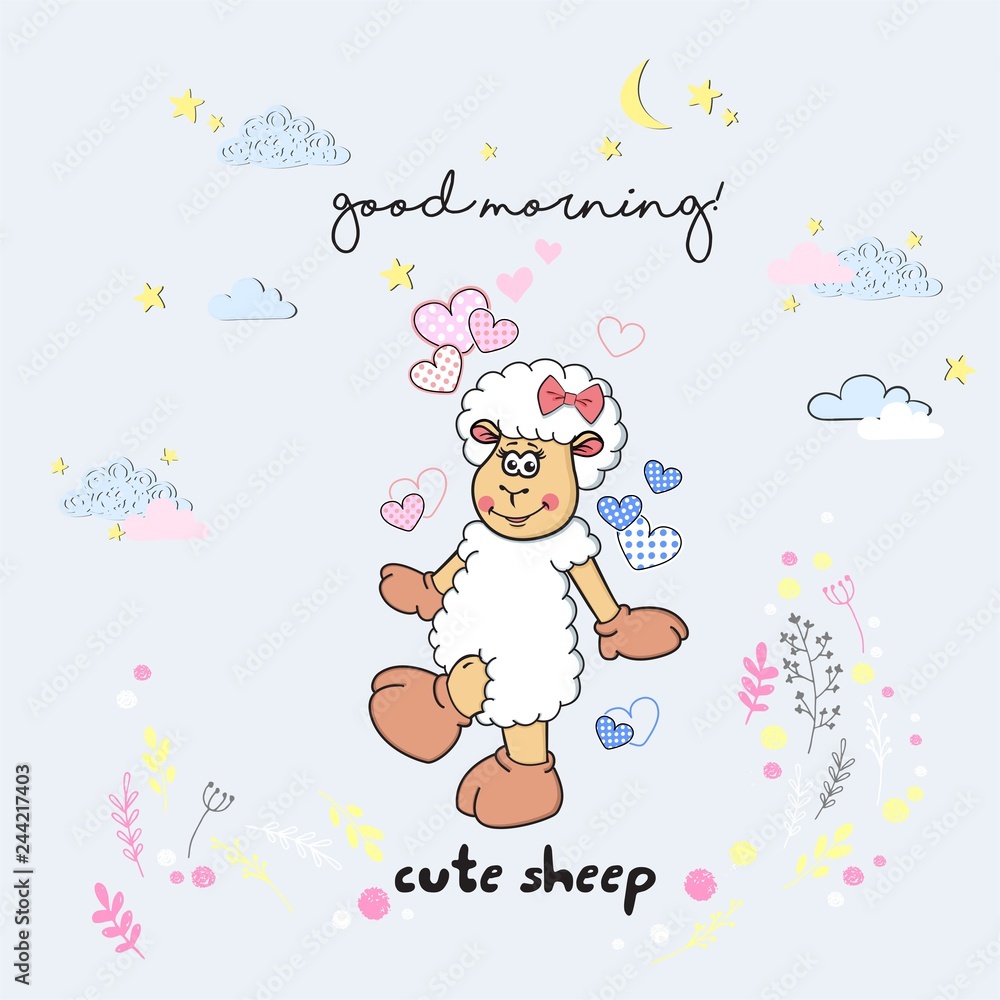 Vector cute cartoon walking sleeping sheep with clouds,stars, heart, hand drawn imitation, drawn with a tablet, fairytale, isolated