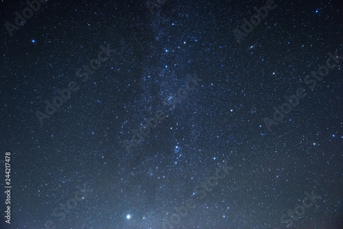 Milky way at center. Photo of beautiful blue night sky filled with stars