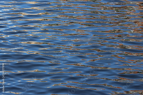A photograph of water texture, with urban reflections and sunlight reflecting. Tranquil background