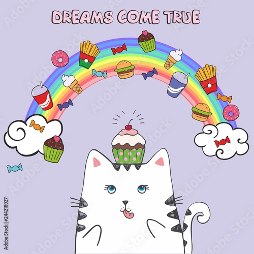 White fat cat in the sky with fast food. Dreams come true. Vector illustration. Fairy tale character on the background of the rainbow and clouds 