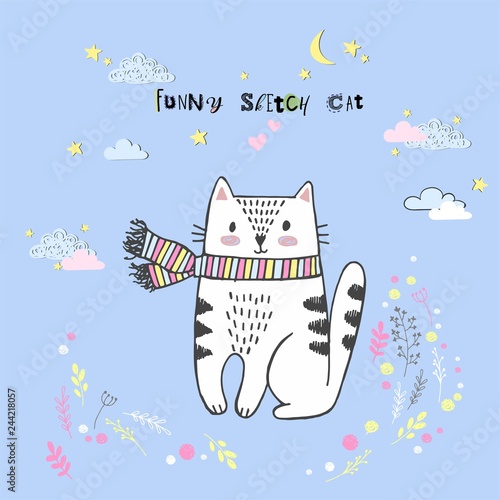 Cute vector cartoon kawaii cat with clouds, stars, heart, hand drawn imitation, drawn with a tablet, fairytale, isolated