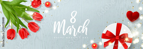 Happy Women's Day holiday banner. Vector illustration with realistic red tulips flowers, ring box, gift box, candles, glowing light garland and golden confetti. Greeting card for 8 March.