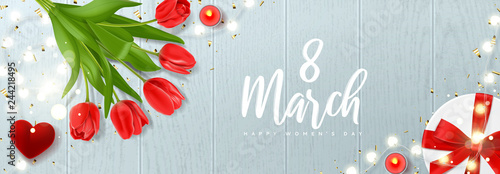 Happy Women's Day holiday background. Vector illustration with realistic red tulips flowers, ring box, gift box, candles, glowing light garland and golden confetti. Greeting card for 8 March.