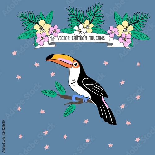Vector cartoon toucan sitting on brench  with lettering and tropical flowers  illustration drawn with a tablet  sketch imitation  elements for your design  isolated on blue background