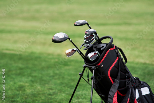 Photo of golf bag with sticks standing on the green lawn. Close up view