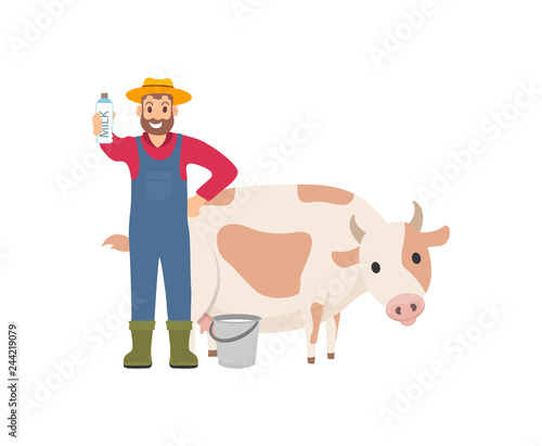 Farmer Holding Milk Package Vector Illustration