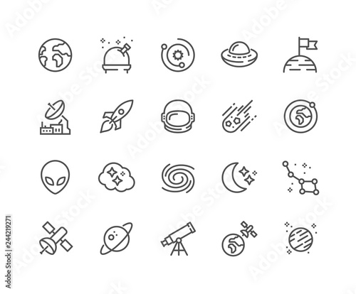 Simple Set of Space Related Vector Line Icons. Contains such Icons as Observatory, Planet Earth, Alien and more. Editable Stroke. 48x48 Pixel Perfect.