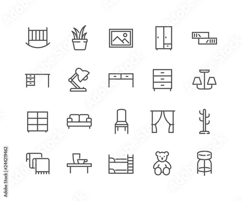 Simple Set of Furniture Related Vector Line Icons. Contains such Icons as Children s Bed, Sofa, Hanger and more. Editable Stroke. 48x48 Pixel Perfect.