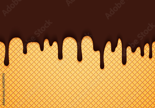 Abstract Vector Banner with Chocolate Ice Cream Glaze and Wafer. Delicious Food Background