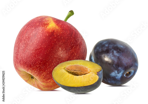Fresh red apple and plum isolated on white background with clipping path