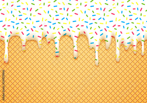 Ice Cream Cone Illustration with Dripping White Glaze and Wafer Texture. Abstract Food Background. Seamless Pattern.