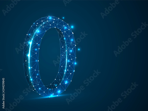 number zero low poly abstract illustration consisting of points, lines, and shapes in the form of planets, stars and the universe. Raster digit 0 wireframe concept.