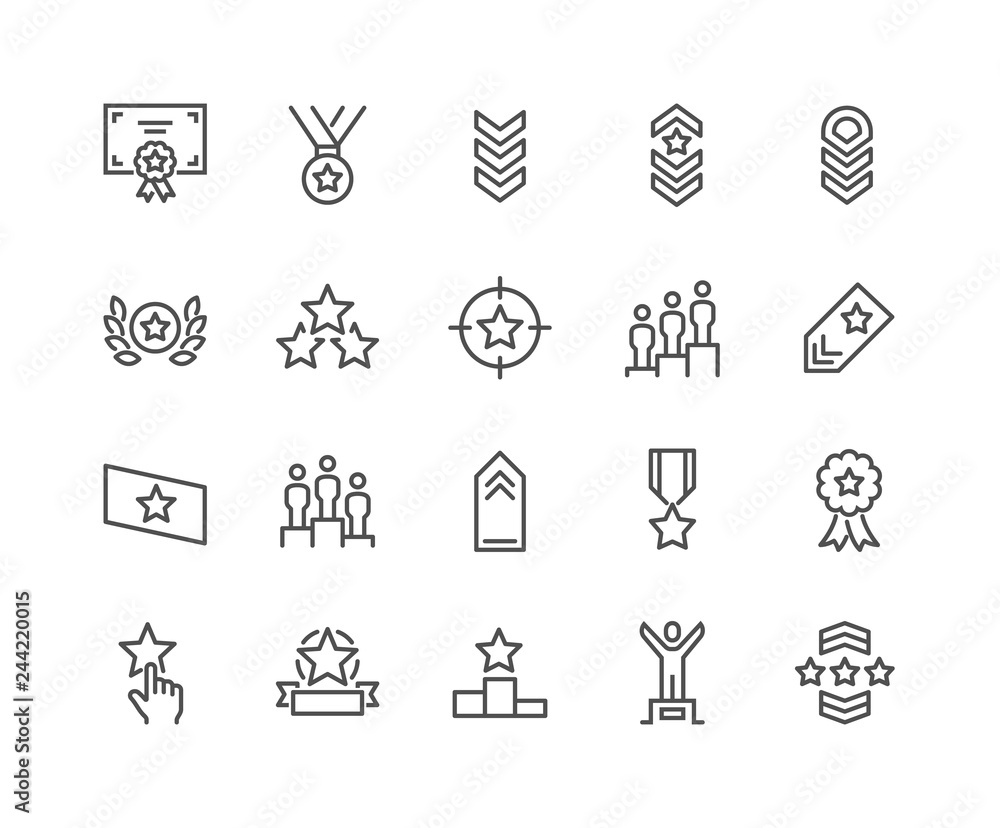 Simple Set of Ranking Related Vector Line Icons. Contains such Icons as Star Rating, First Place, Shoulder Strap and more. Editable Stroke. 48x48 Pixel Perfect. - obrazy, fototapety, plakaty 