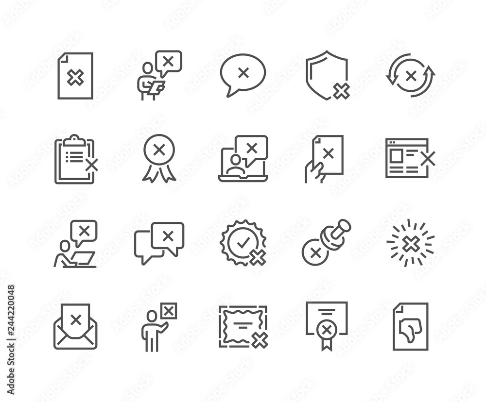 Simple Set of Reject Related Vector Line Icons. Contains such Icons as Refuse Stamp, Cancellation, Decline and more. Editable Stroke. 48x48 Pixel Perfect. Simple Set of Reject Related Vector Line Icons. Contains such Icons as Refuse Stamp, Cancellation, Decline and more. Editable Stroke. 48x48 Pixel Perfect.