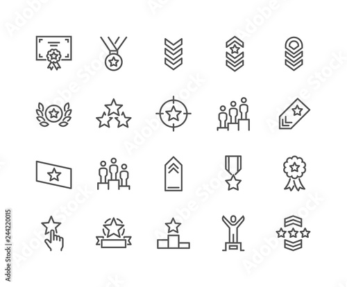 Simple Set of Ranking Related Vector Line Icons. Contains such Icons as Star Rating, First Place, Shoulder Strap and more. Editable Stroke. 48x48 Pixel Perfect.