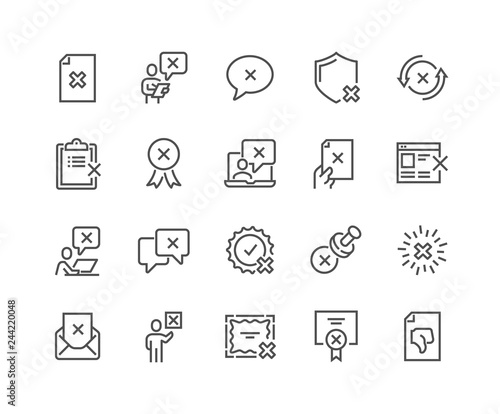 Simple Set of Reject Related Vector Line Icons. Contains such Icons as Refuse Stamp, Cancellation, Decline and more. Editable Stroke. 48x48 Pixel Perfect.