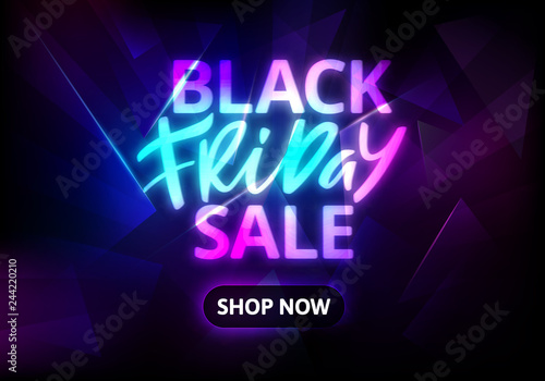 Black Friday Sale Banner. Neon Text on Dark Background. Vector Advertising Illustration