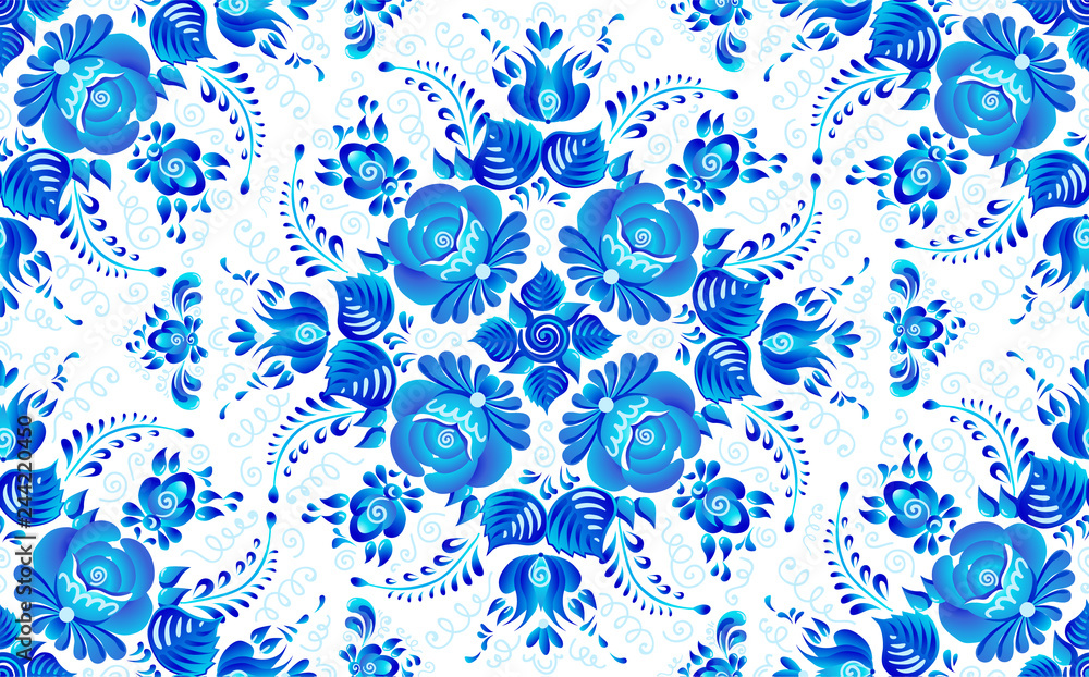 Blue painted flowers in Russian gzhel style vector seamless pattern tile Blue painted flowers in Russian gzhel style vector seamless pattern tile