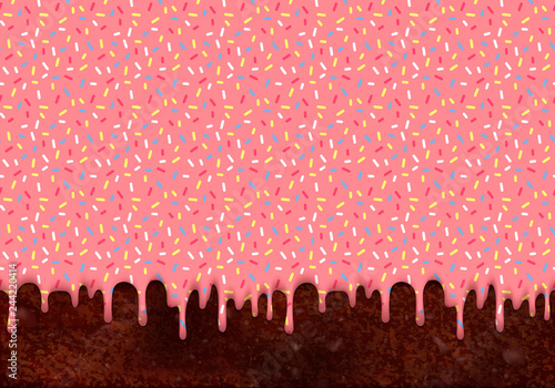 Birthday Cake Vector Illustration with Dripping Pink Glaze and Chocolate Biscuit Texture