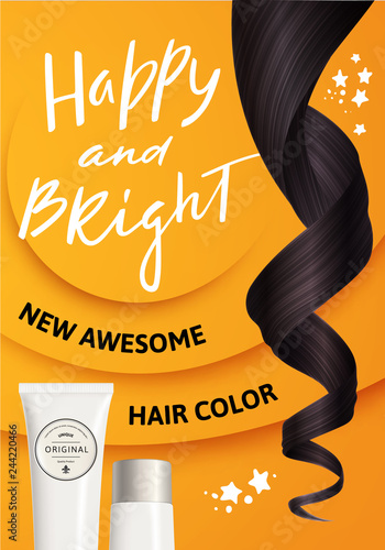 Vector Illustration of Realistic Brown Curly Hair and White Plastic Bottle for Cosmetic on Yellow Background
