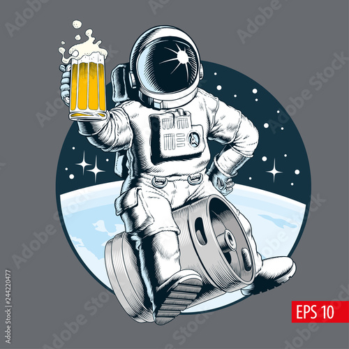 Astronaut sits on a beer keg and holds a beer mug. Comic style vector illustration.