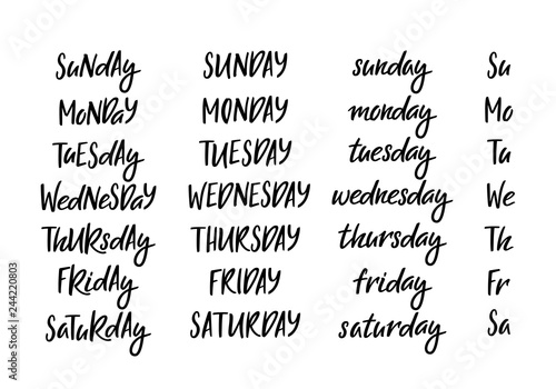 Set of Hand Drawn Week Days in Different Letter Case. Vector Handwritten Lettering for Calendars and Planners
