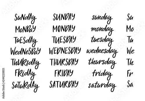 Set of Hand Drawn Week Days in Different Letter Case. Vector Handwritten Lettering for Calendars and Planners