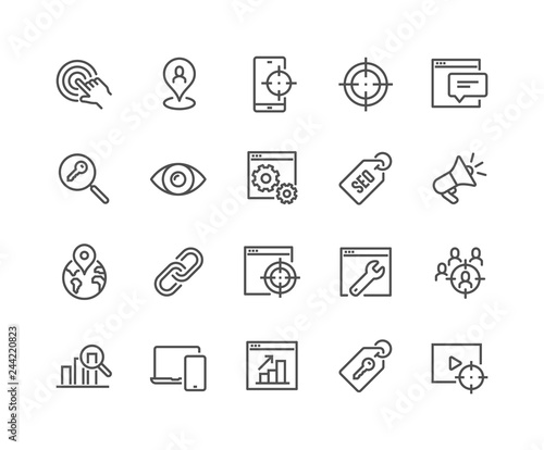 Simple Set of SEO Related Vector Line Icons. Contains such Icons as Target, Watch List, Website Stats and more. Editable Stroke. 48x48 Pixel Perfect.