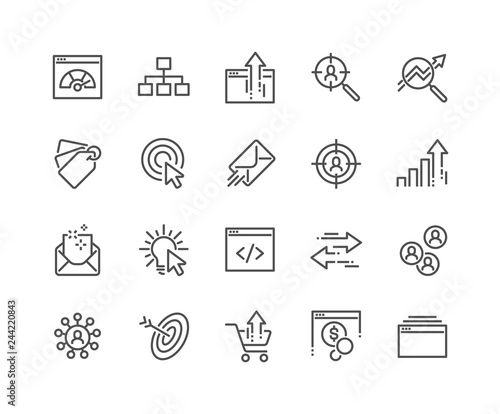 Simple Set of SEO Related Vector Line Icons. Contains such Icons as Increase Sales, Traffic Management, Social Networks and more. Editable Stroke. 48x48 Pixel Perfect.