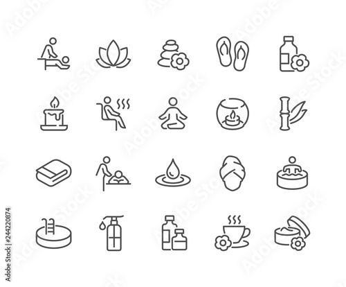 Simple Set of SPA Related Vector Line Icons. Contains such Icons as Massage, Candle, Sauna and more. Editable Stroke. 48x48 Pixel Perfect. photo