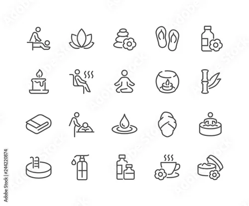 Obraz Prosty zestaw ikon związanych z spa wektor linii. Zawiera takie ikony, jak masaż, świeca, sauna i inne. Obrys edytowalny. 48 x 48 pikseli Perfect.