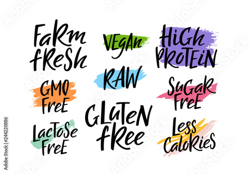 Moder Set of Farm Fresh, High Pritein, Vegan, Gluten and GMO Free, RAW Food Labels. Hand Drawn Logo Templates.