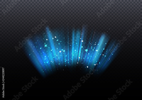 Blue Rays Rising on Dark Background. Transparent Shiny Burst with Stars. Vector Illustration