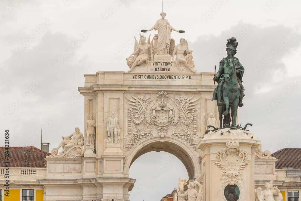 statue of King Joseph I and the triumphal arch in commerce square in Lisbon