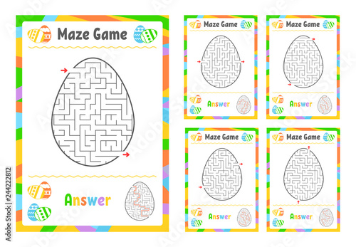 A set of mazes. Game for kids. Puzzle for children. Maze conundrum. Cartoon style. Visual worksheets. Activity page. Color vector illustration.