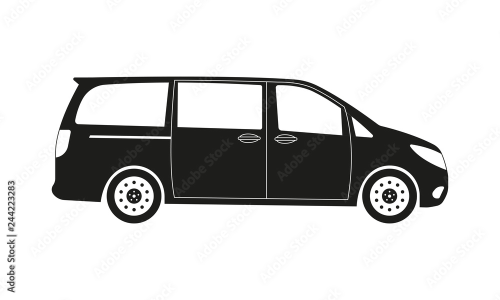 Minivan car icon. Side view. Family minibus vehicle silhouette. Black van car. Vector illustration. - obrazy, fototapety, plakaty 