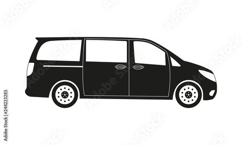 Minivan car icon. Side view. Family minibus vehicle silhouette. Black van car. Vector illustration. photo