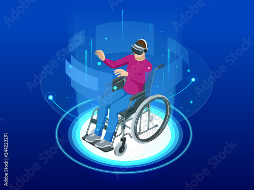Isometric man in a wheelchair using a ramp and man wearing virtual reality goggles isolated. Chair with wheels, used when walking is difficult or impossible due to illness, injury, or disability.