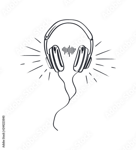 Headphones, Headset with Music Playing Loud Sketch