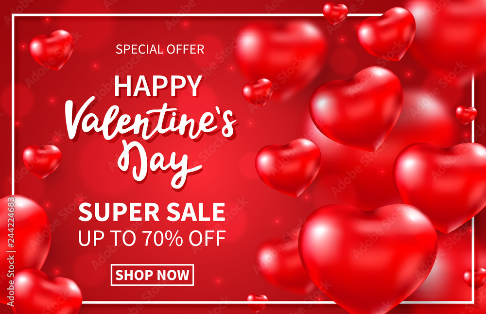 Valentines day super sale background red 3d glossy hearts and lettering. Flying red heart balloons. Holiday design for banners, wallpaper, flyers, invitation, posters. Vector illustration Stock | Adobe Stock