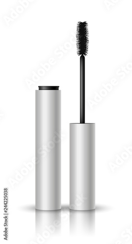 Vector realistic blank glossy mascara open and closed with black brush, shadow and reflection on white background