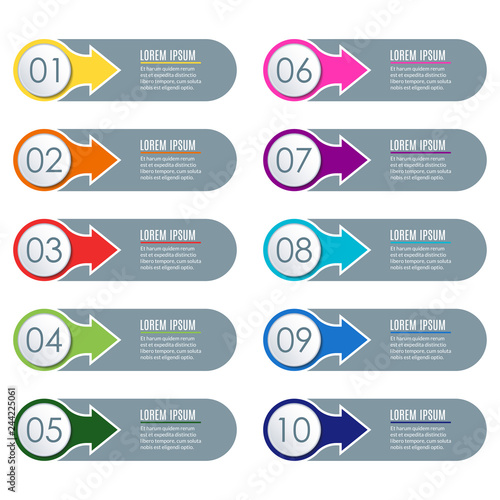 Infographics template with 10 steps, sections, options or levels. Modern business presentation concept. Vector illustration.
