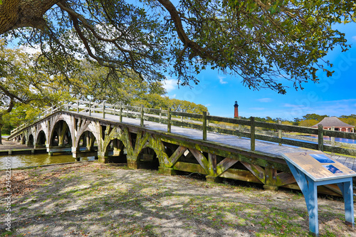 The historic landmark footbridge in Currituck Heritage Park leads to the Whalehead Club. This is located in the Outer Banks of North Carolina. 