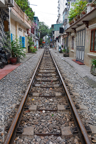 A narrow street known as Train Street - a residential street in central Hanoi which has grown up around the north-bound train track
