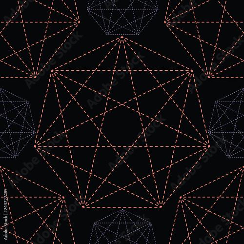 Geometrical symbol shape. Seamless repeating vector pattern. Glowing dark coral purple light on black esoteric background. Spiritual concept. Sacred geometry drawing. Universal metaphysical harmony. 